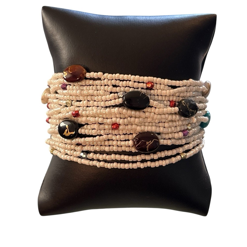 Bohemian‎ Bracelet White Seed Bead Multi Strand Ethnic Crochet Toggle Button - Picture 4 of 16